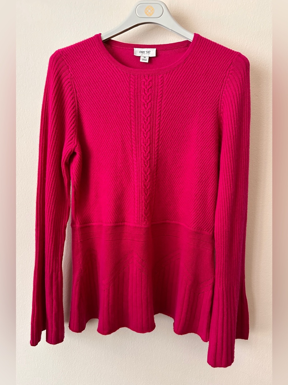 Per Se Vibrant Fuchsia Cashmere Cable-Trim Knit Top